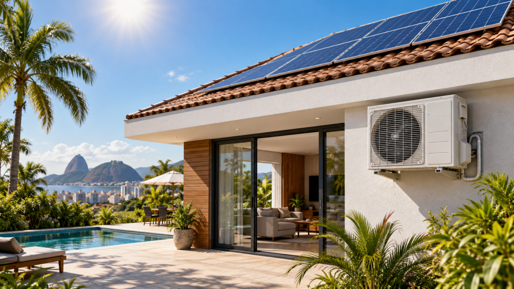 Casa com painéis solares no telhado e equipamento externo de ar-condicionado em dia ensolarado, em imagem ilustrativa.