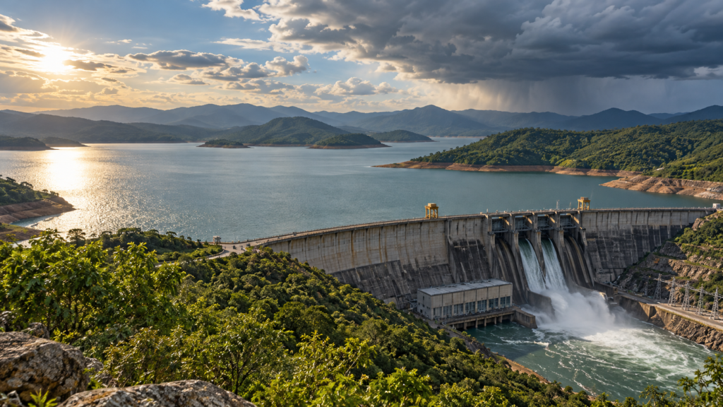 Imagem ilustrativa de barragem hidrelétrica e reservatório entre colinas, sob céu parcialmente nublado.