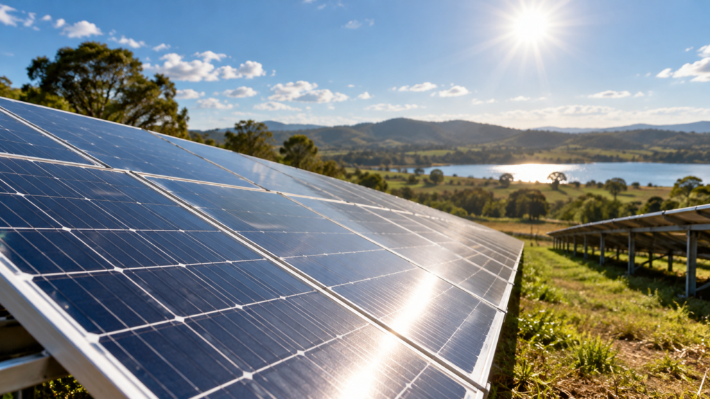 Painéis fotovoltaicos sob luz solar intensa em uma paisagem rural, em imagem ilustrativa.