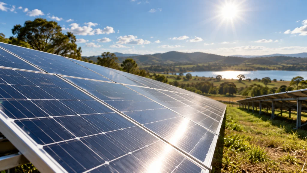 Painéis fotovoltaicos sob luz solar intensa em uma paisagem rural, em imagem ilustrativa.