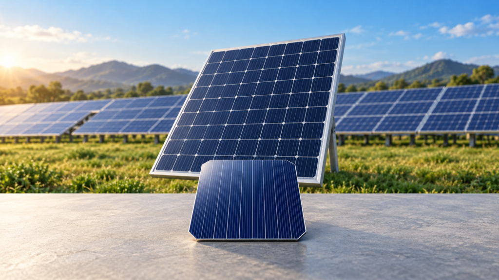 Uma célula fotovoltaica isolada aparece em primeiro plano, diante de um painel solar e de várias fileiras de painéis em um campo, sob o sol.