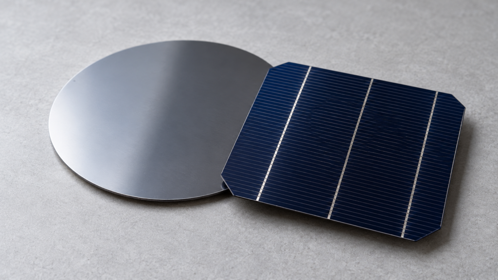 Uma lâmina circular prateada aparece parcialmente sob uma célula fotovoltaica azul-escura, com linhas metálicas finas, sobre uma superfície cinza.