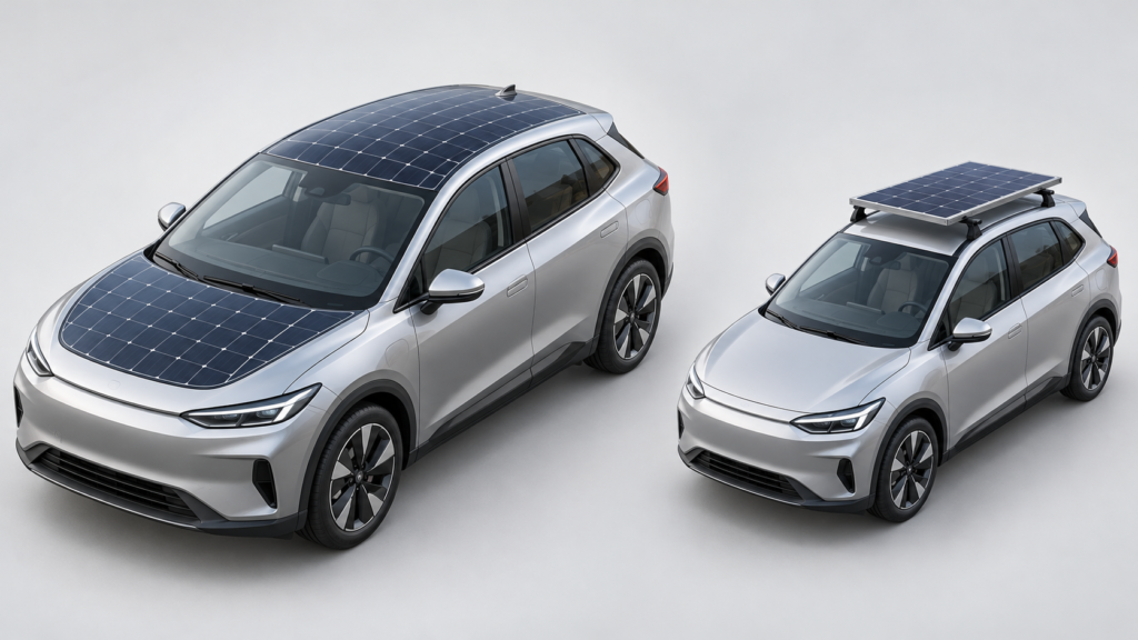 Composição em fundo claro mostrando dois veículos elétricos prateados: o maior tem painéis solares integrados ao capô e ao teto; o menor tem um painel solar montado sobre suportes no teto.