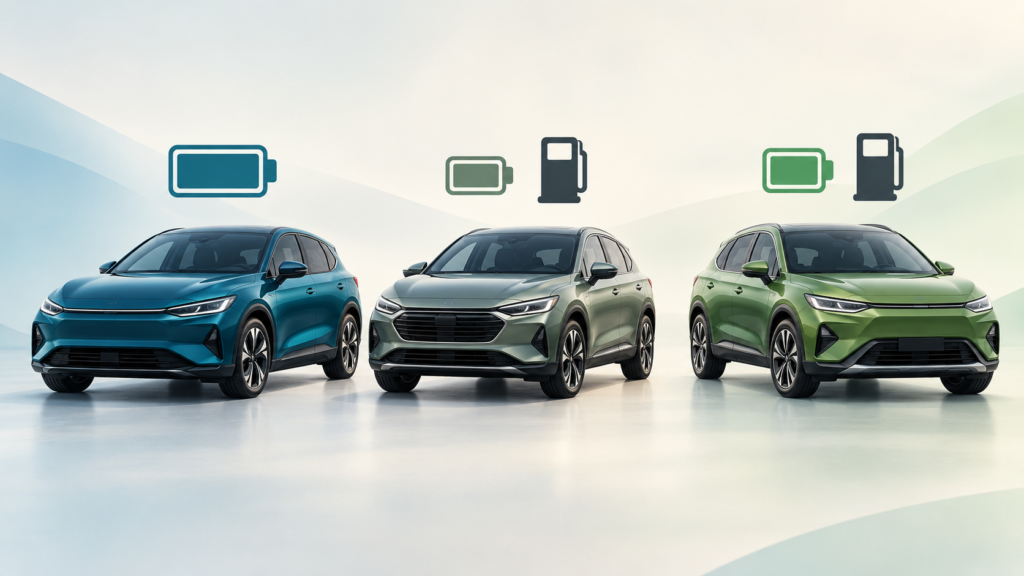 Ilustração de três SUVs em azul, cinza e verde, alinhados diante de um fundo claro. Acima do primeiro há um ícone de bateria; acima dos outros dois há ícones de bateria e bomba de combustível.