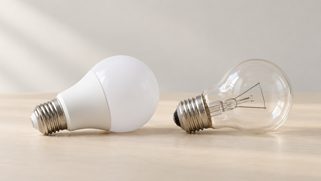 Duas lâmpadas desligadas sobre uma superfície clara: uma LED com difusor fosco à esquerda e uma incandescente transparente com filamento visível à direita.