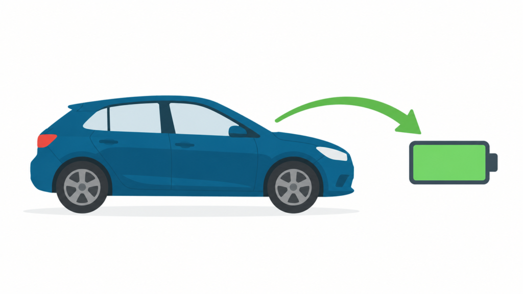 Ilustração de um carro azul visto de lado, com uma seta verde apontando para um ícone de bateria verde sobre fundo branco.