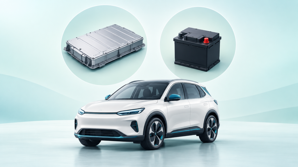 Ilustração de um carro elétrico branco com imagens separadas de uma bateria de tração grande e plana e de uma bateria auxiliar menor com terminais.