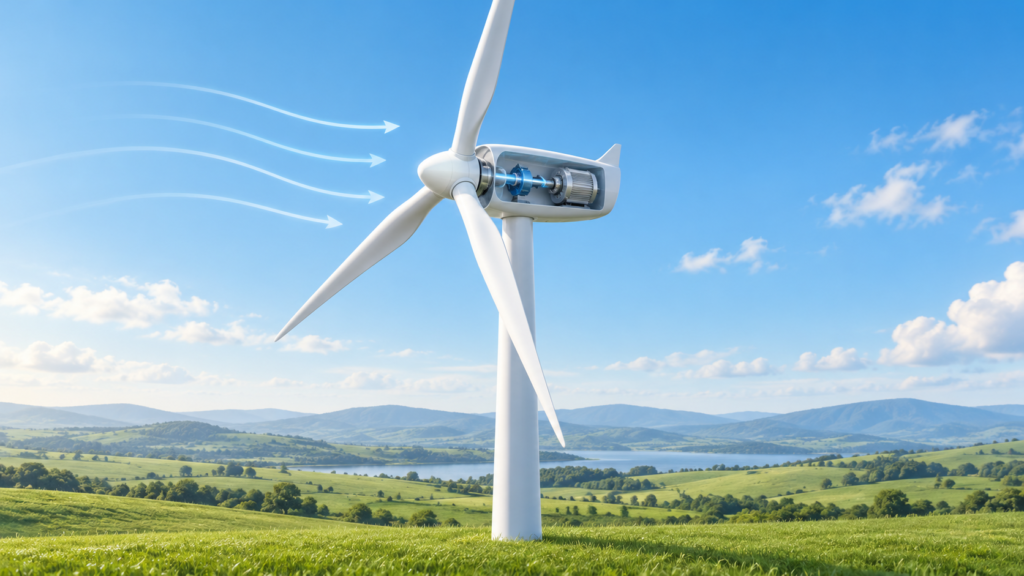 Ilustração de um aerogerador de três pás em uma paisagem verde; setas indicam o vento e um corte na nacele revela componentes internos ligados ao eixo.