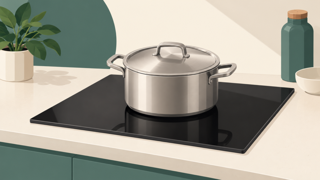 Uma panela de aço inoxidável tampada está sobre um cooktop preto embutido em uma bancada clara; há uma planta, uma garrafa e uma tigela ao redor.