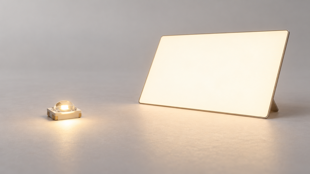 Um pequeno módulo luminoso pontual com lente está à esquerda, ao lado de um painel retangular amplo e uniformemente iluminado, apoiado inclinado sobre a superfície.