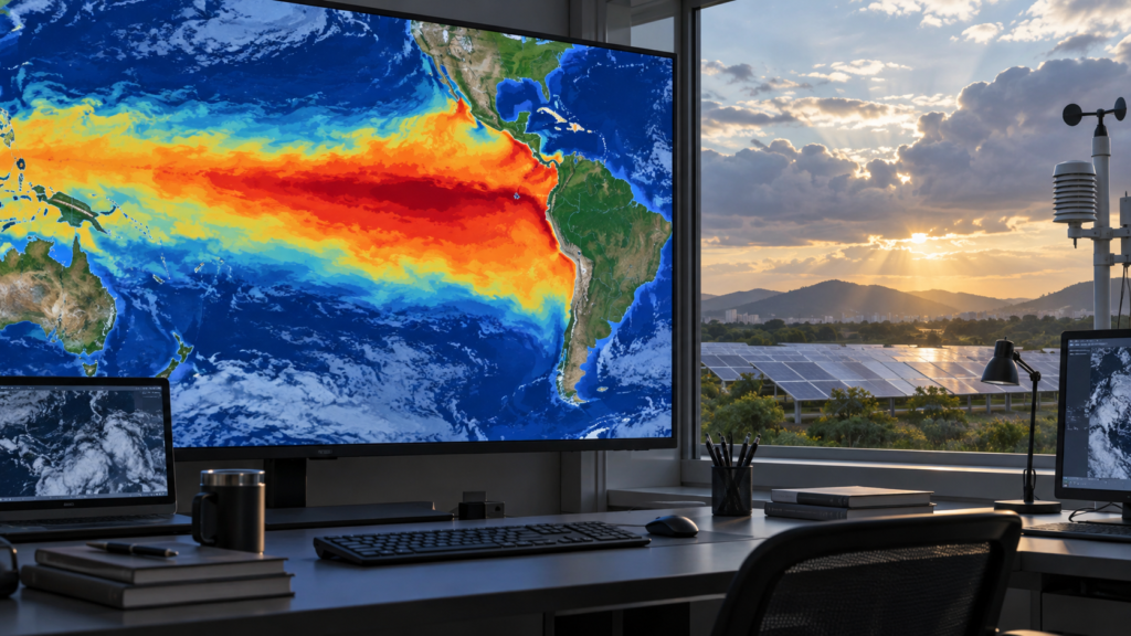 Ilustração de estação de acompanhamento meteorológico com imagem conceitual do Pacífico e painéis solares vistos pela janela.