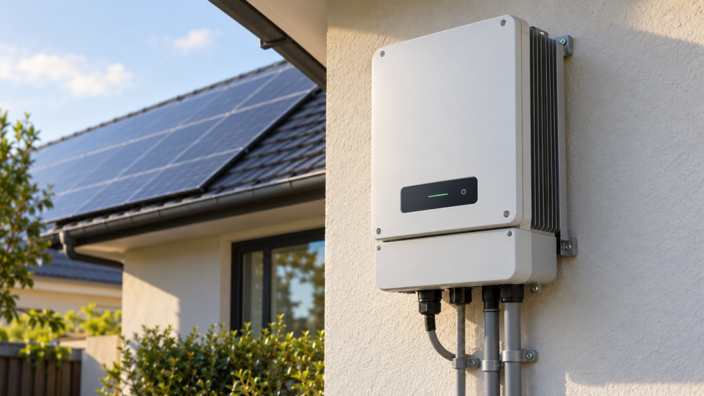Ilustração de inversor fotovoltaico fechado, com aletas de dissipação e conexões inferiores em eletrodutos, ao lado de um telhado com painéis solares.