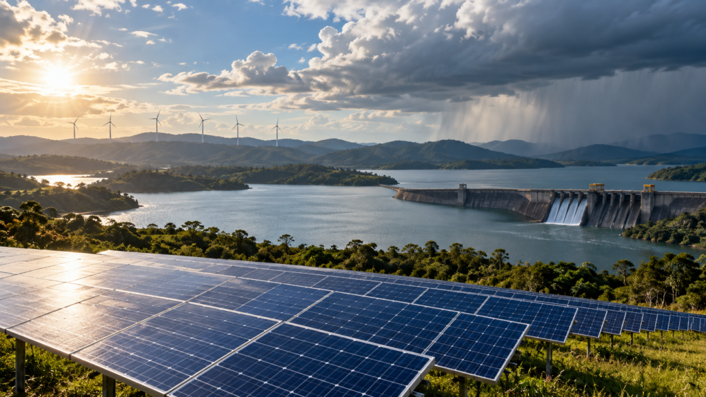 Ilustração de painéis solares, reservatório hidrelétrico e aerogeradores sob condições de tempo diferentes.