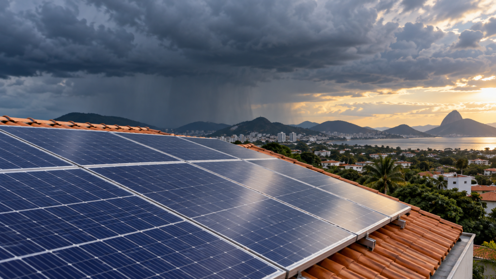Painéis solares intactos instalados sobre telhado, com nuvens de chuva ao fundo, em imagem ilustrativa.